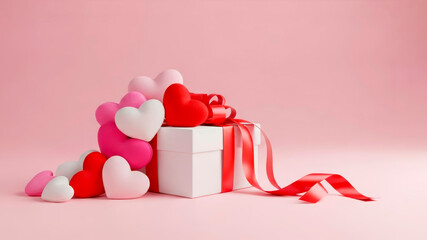 A gift box decorated with a red bow with plush colorful hearts. Valentine's Day Concept
