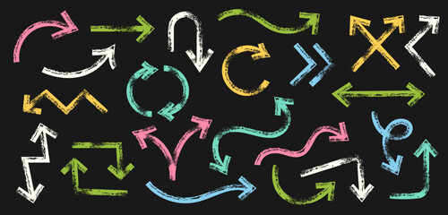 Hand Drawn Colorful Chalk and Crayon Arrows Set - Bold Doodle Direction Signs and Symbols