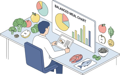 Person analyzing balanced meal chart with healthy food items on a desk