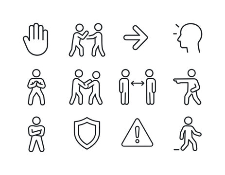 Self-Defense Icon Set. Self-defense basics. Line icon set of sel