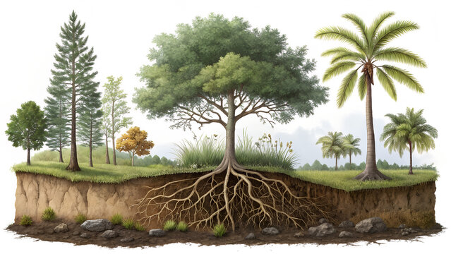 Underground Network Intertwined Roots: Magical Realism Cross-Section of Soil, Light, and Diverse Trees