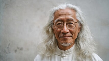 Closeup of an elderly Asian man with long gray hair and round glasses, wearing a traditional white shirt and smiling softly against a neutral wall background.