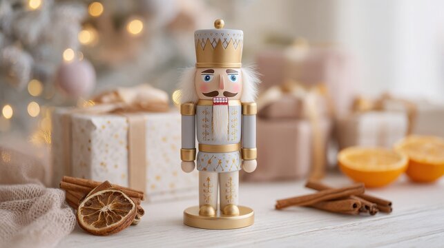 Traditional nutcracker toy with cinnamon sticks and holiday gifts in cozy festive setup - Powered by Adobe