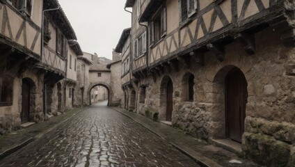 Fototapeta premium Ancient Cobblestone Street Winding Through a Historic European Village with Timber-Framed Buildings.