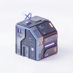 Cyberpunk futuristic house 3d icon illustration isolated on white background. Dense urban residential building for technological apartment and slum concept