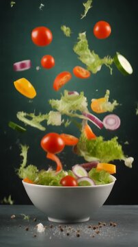 &ldquo;Colorful fresh salad ingredients exploding in mid-air then forming a bowl, slow motion, crisp textures.&rdquo;