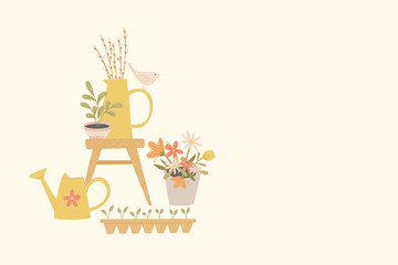 Spring gardening illustration with watering can flowers potted plants and cozy home decor elements