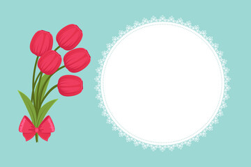Spring tulip illustration with floral circular frame greeting card design and decorative flower bouquet