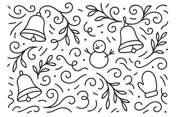 Festive winter pattern featuring bells, a snowman, and mittens surrounded by swirling vines