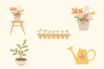 Spring gardening illustration set with potted flowers watering can seedlings tray and cozy floral decor