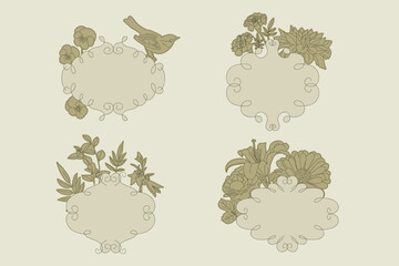 Vintage floral frame illustration set with botanical ornaments flowers leaves and decorative label shapes
