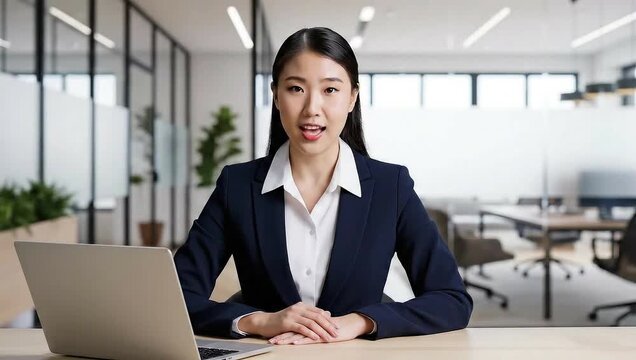 Young Asian woman speaking during video interview at modern office  
