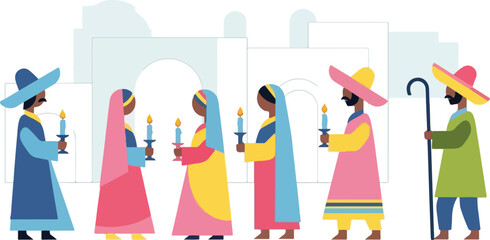 A vibrant illustration depicting a traditional procession with people in colorful attire holding lit candles, possibly a Las Posadas celebration.