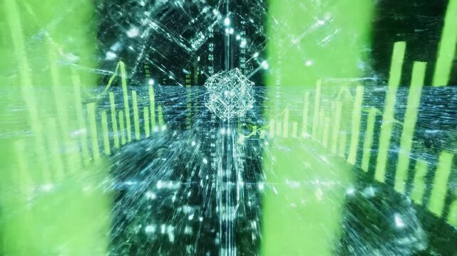 Aerial perspective of a massive geometric data matrix shifting and displaying exponential financial improvement across a digital grid success, displaying exponential financial improvement, projection