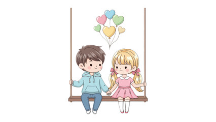Obraz premium Eternal bond of Romance :A charming portrayal of a boy and girl, hand-in-hand and seated close on a swing, symbolizing a budding romance, accompanied by vibrant heart-shaped balloons.