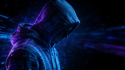 Cyberpunk dark web hacker, neon code surrounded hoodie hacker