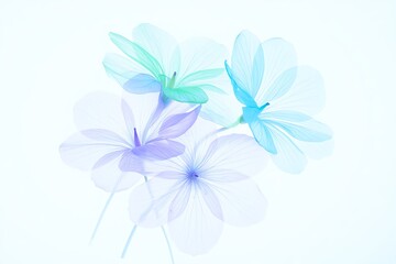 Minimalist Translucent Blue and Green Flowers on White, Soft Focus Ethereal Floral Art Background
