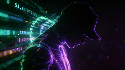 Cyberpunk dark web hacker, neon code surrounded hoodie hacker