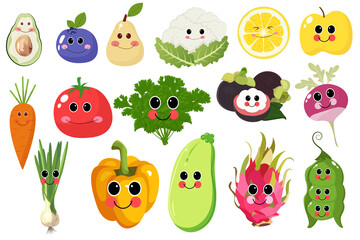Naklejka premium A collection of cute fruits and vegetables with smiling faces, perfect for children's designs, healthy eating themes, or fun illustrations.