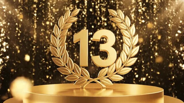 A golden laurel wreath with the number 13, exuding celebration and success.