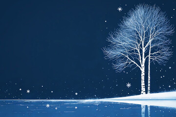 Winter Birch Tree Silhouette on Snowy Shore: White Branches Reflected in Icy Blue Lake Under Starry Midnight Sky with Gentle Falling Snowflakes