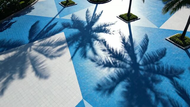Aerial perspective of oversized tropical palm shadows oscillating and shrinking across a clean geometric tiled plaza surface in bright midday sun oversized, drone, sweeping