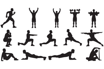 Fitness Silhouette Bundle Male & Female Workout Gym Yoga Exercise Vector Set