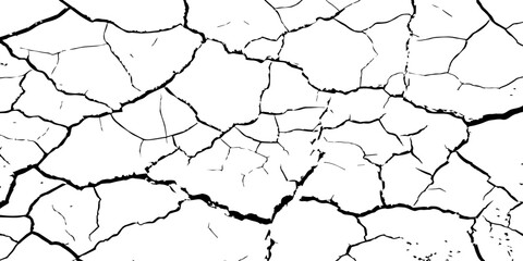High-contrast cracked texture on a white background, featuring organic fracture lines and distressed surface details. Perfect for abstract backgrounds, grunge design, overlays, and artistic effects.