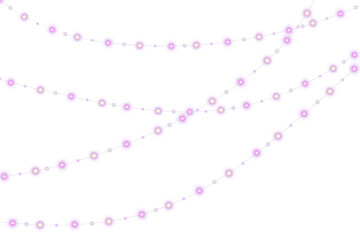 Four hanging Christmas garlands with glowing purple lights and sparkles, isolated on a transparent background for festive overlays and decorative design use.