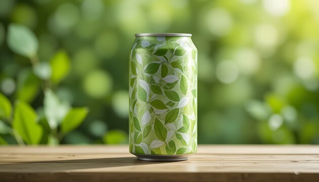 Refreshing green beverage can with natural leaf pattern on a rustic wooden table. 12 oz can mockup