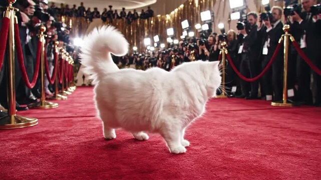 A fluffy white cat strolls confidently on a red carpet at an event.