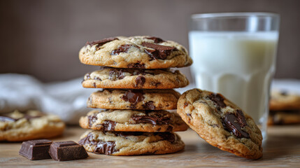 warm chocolate chip cookies with milk in a cozy home baking setting