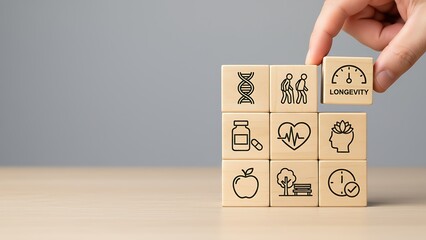 An intricate composition reveals longevity concepts, focusing on lifestyle elements. A hand places a wooden block, showcasing the theme in an elegant arrangement.