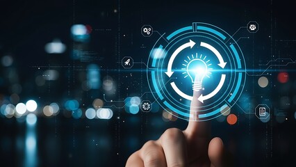 A futuristic interface with a glowing blue circle and a person s finger interacting with it in a dark background with blurred lights