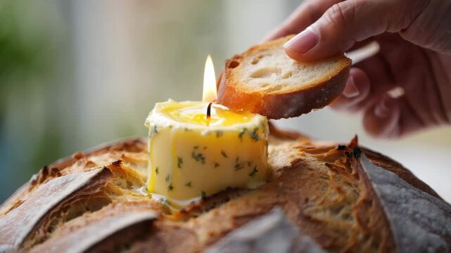 Melted herb butter candle on crusty bread loaf, warm appetizer serving, artisan bakery snack, hand dipping baguette slice, cozy dining atmosphere, comfort food sharing moment