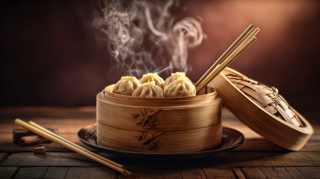 authentic dim sum basket with dumplings and steam