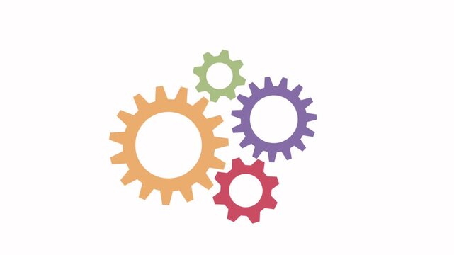 Four interlocking industrial gears (cogs) of different pastel colors rotating in a seamless loop. The animation represents concepts like mechanism, system, teamwork, process, or engineering