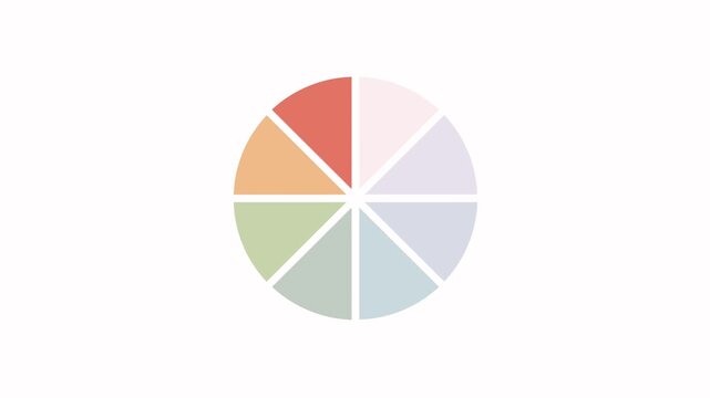 A pie chart animation with 8 pastel-colored segments. One segment, a deep blue color, animates to indicate a filling or data loading process. Seamless loop for data visualization