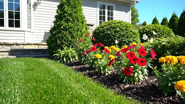 Well maintained green grass lawn and garden in front of a modern house, representing suburban living and homeowner pride.