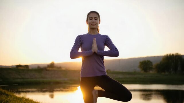 Woman practicing yoga in nature at sunset, mindfulness meditation outdoor exercise, balancing tree pose near water, serene landscape tranquility, peaceful fitness lifestyle harmony