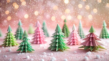 Fototapeta premium A collection of colorful origami christmas trees creating a festive winter scene