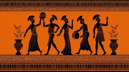 Ancient greek black figure pottery style art depicting classical greek figures and vases