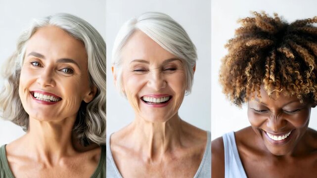 Smiling senior women portraits triptych, diverse faces in close-up, studio headshots, joyful expressions, healthy aging lifestyle, confident smiles, grey hair, curly hair, positive mood, joy