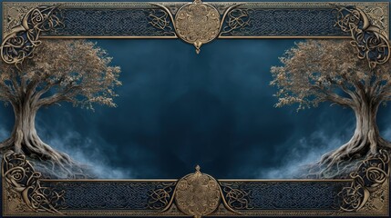 Ancient norse mythology decorative frame design featuring ornamental patterns and mystical trees
