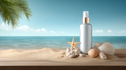 Anti aging beauty product on tranquil beach setting for skincare inspiration design