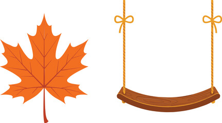 Autumn maple leaf and wooden swing illustration set © sahajahan
