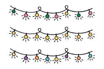 Hanging garlands with colorful party lights clipart set, festive decoration collection, hand drawn.