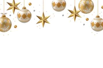 Elegant golden christmas ornaments and star decorations hang against a dark background with subtle sparkling confetti creating a festive and luxurious holiday atmosphere