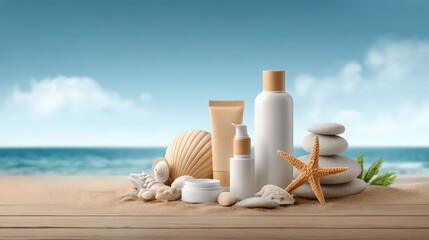 Serene beach background with antiaging beauty products display for skincare inspiration