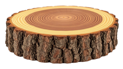 A detailed view of a single tree trunk cross section with rough bark and distinct growth rings isolated on transparent background